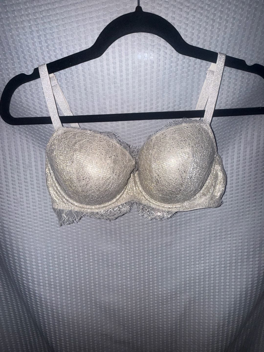 Victoria's Secret Dream Angels Silver Metallic Chantilly Lace Lined Demi Bra 32DD 1