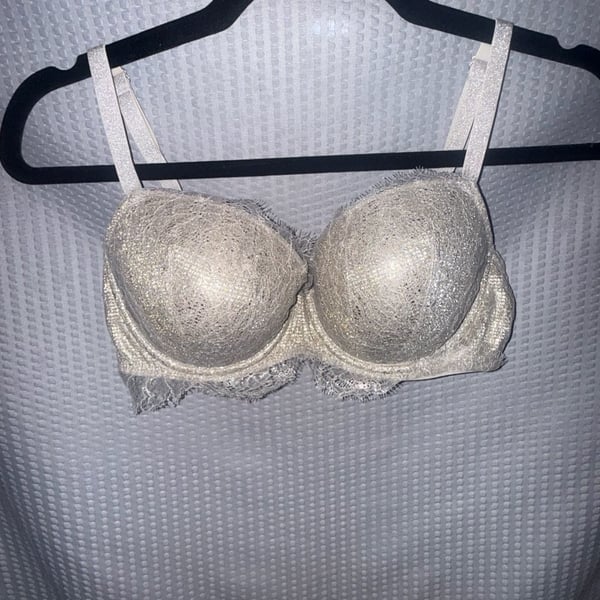 Victoria's Secret Dream Angels Silver Metallic Chantilly Lace Lined Demi Bra 32DD