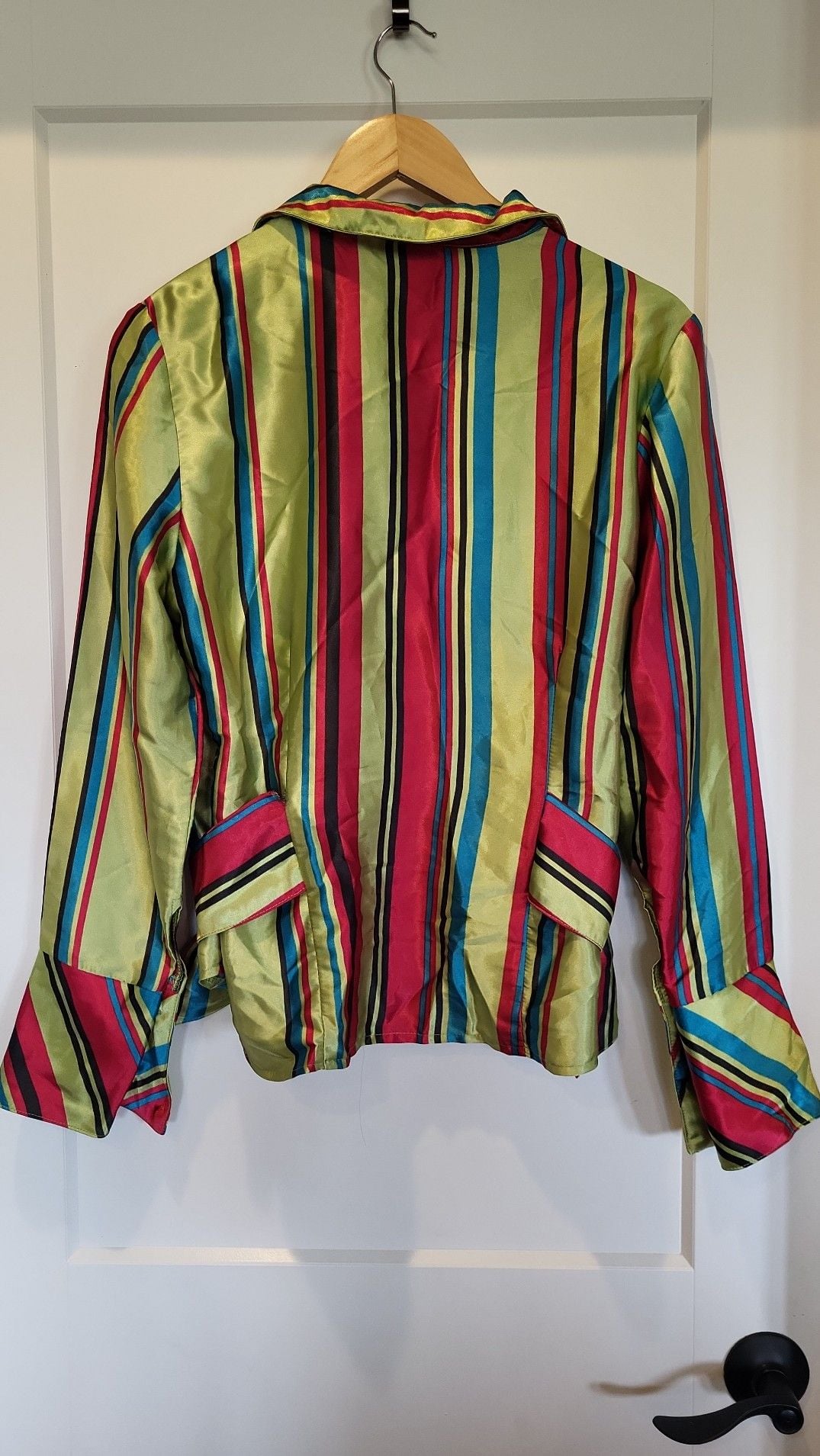 Vintage Bonnie Howard Striped Satin Button Down Blouse with Side Buckle Detail Size 14 3