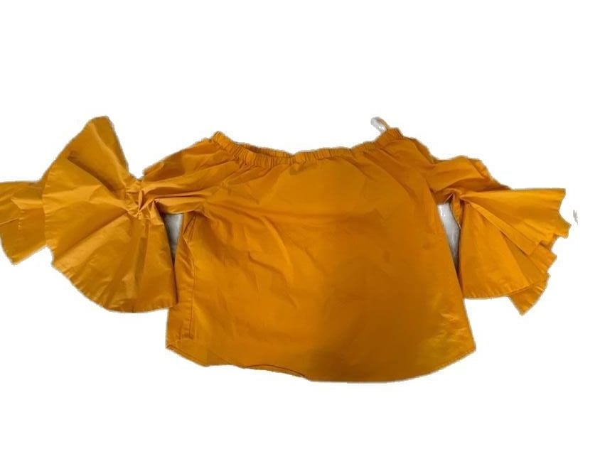 New York & Company Orange Off-the-Shoulder Bell Sleeve Blouse 2