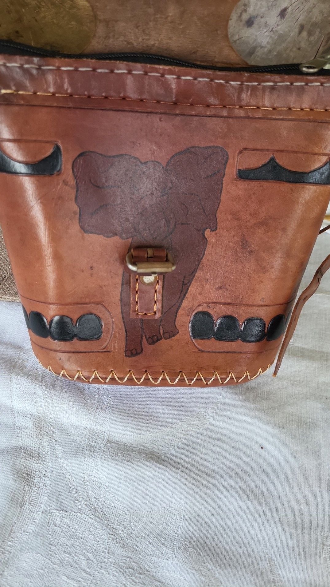 Vintage Hand-Tooled Leather African Elephant Crossbody Bucket Bag 5