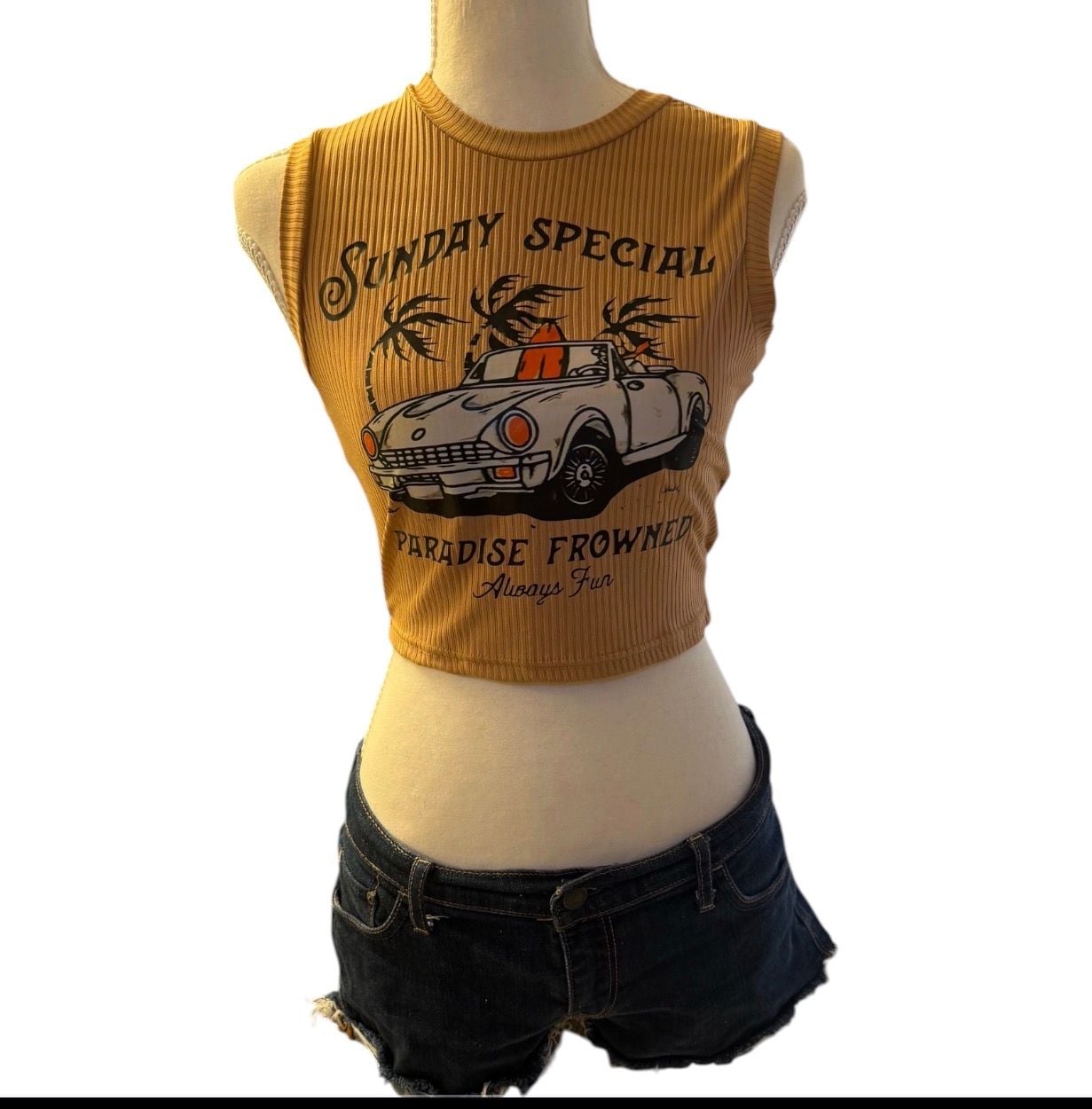 ROMWE Ribbed Crop Tank Top Sunday Special Graphic Car Beige Womens Small Y2K 2