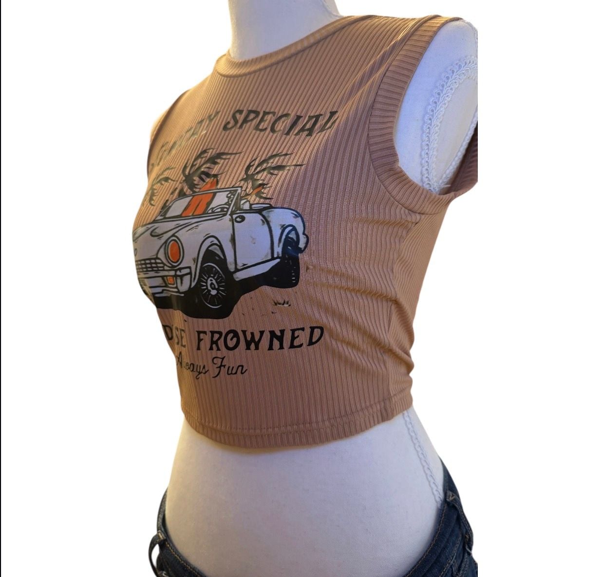ROMWE Ribbed Crop Tank Top Sunday Special Graphic Car Beige Womens Small Y2K 4