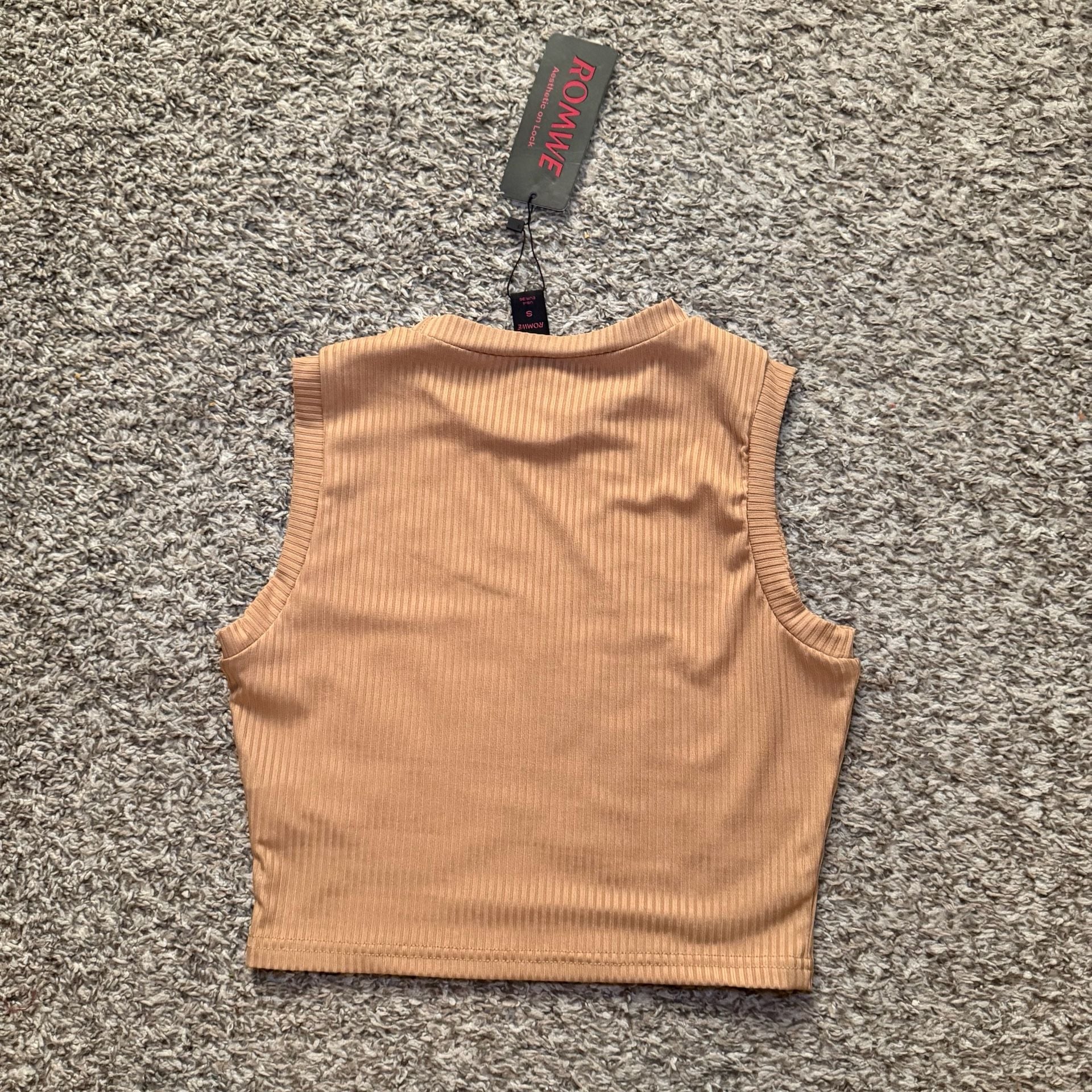 ROMWE Ribbed Crop Tank Top Sunday Special Graphic Car Beige Womens Small Y2K 9