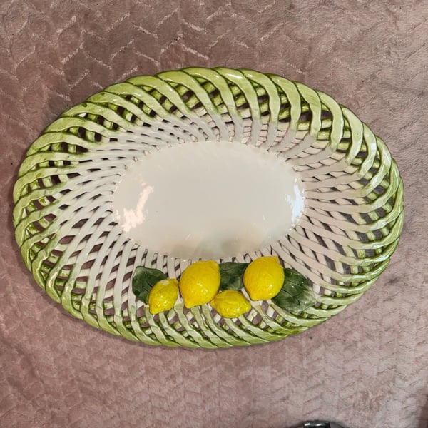 Lanzarin Ceramiche Handmade in Italy Woven Ceramic Lattice Basket Bowl with Lemons
