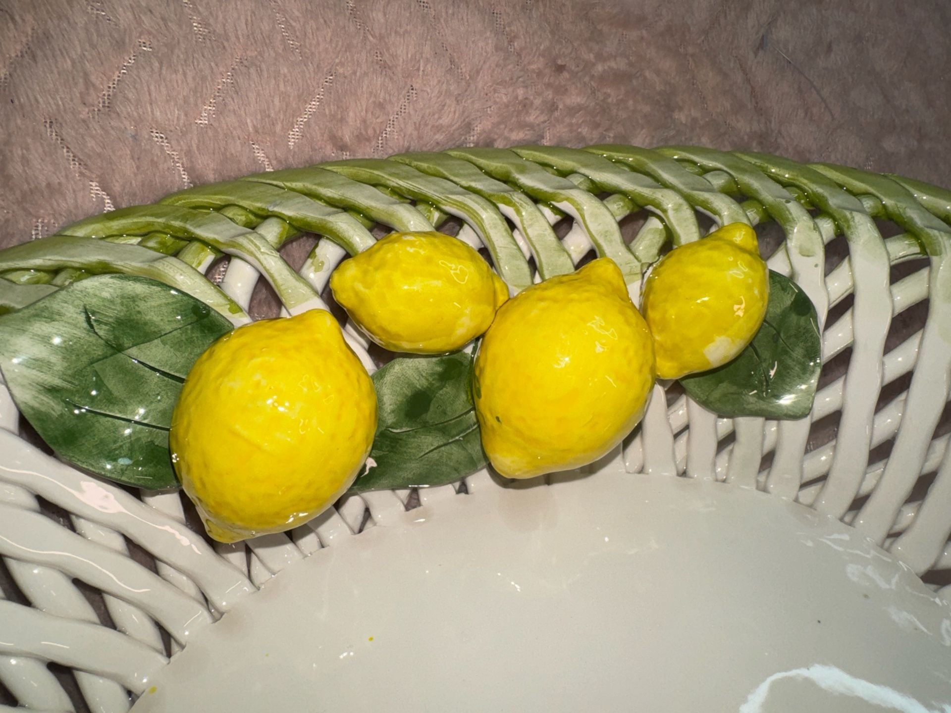 Lanzarin Ceramiche Handmade in Italy Woven Ceramic Lattice Basket Bowl with Lemons 3