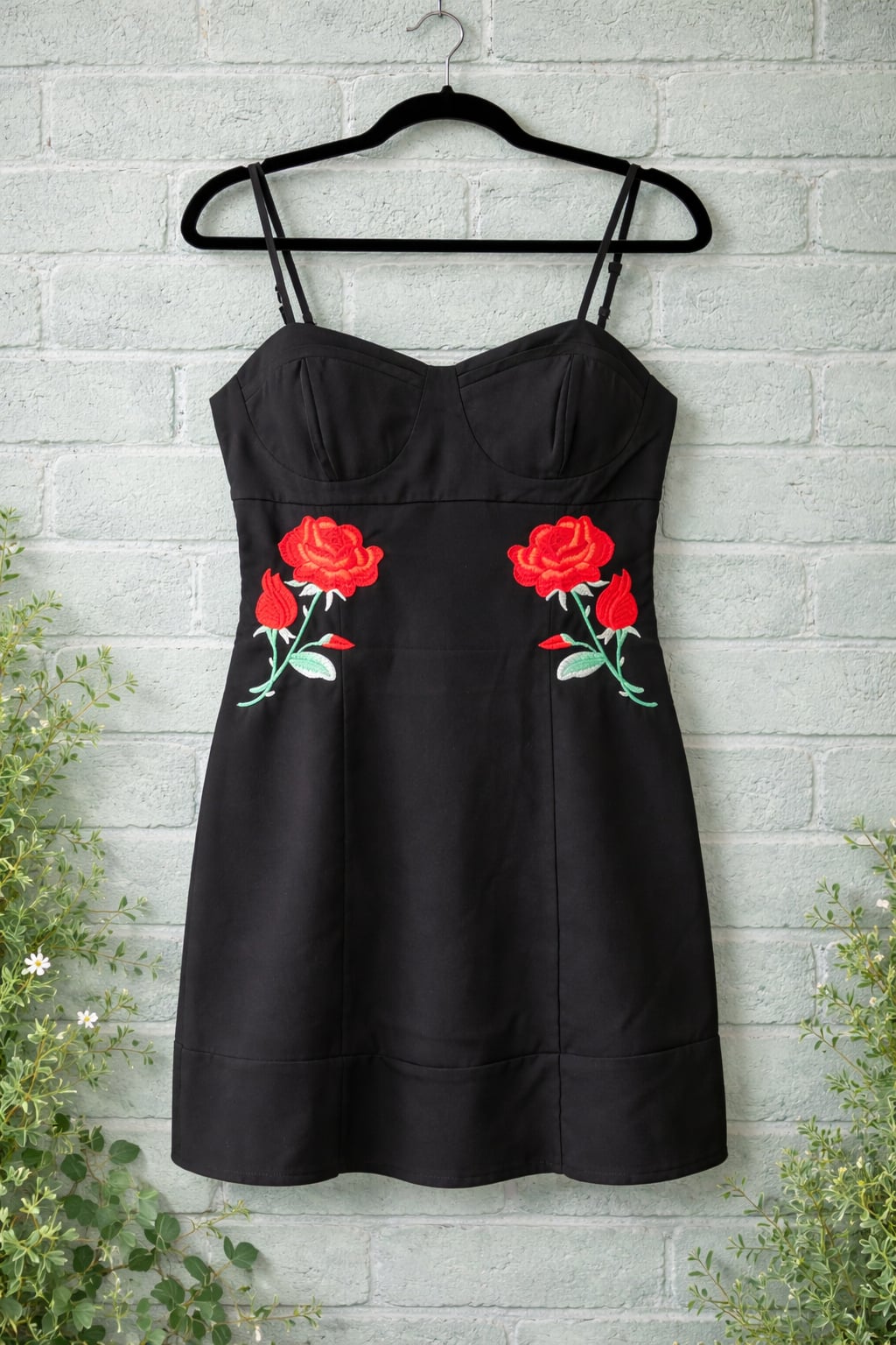 B. Smart Black Sweetheart Neckline Cocktail Dress with Red Rose Embroidery 2
