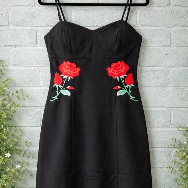 B. Smart Black Sweetheart Neckline Cocktail Dress with Red Rose Embroidery