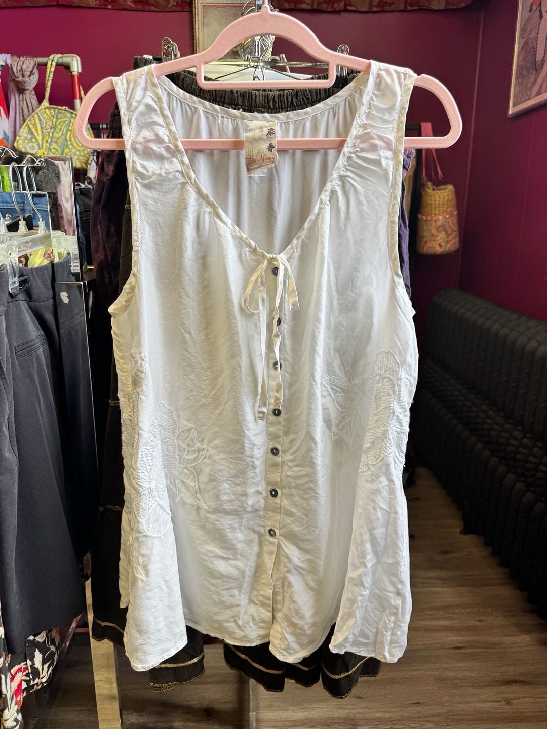 Da-Nang y2k Vintage 100% Silk Embroidered Floral beaded Button-Down white Tank Top 2