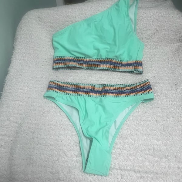 SHEIN Mint Green One Shoulder Bikini Set with Multi-Color Chevron Trim