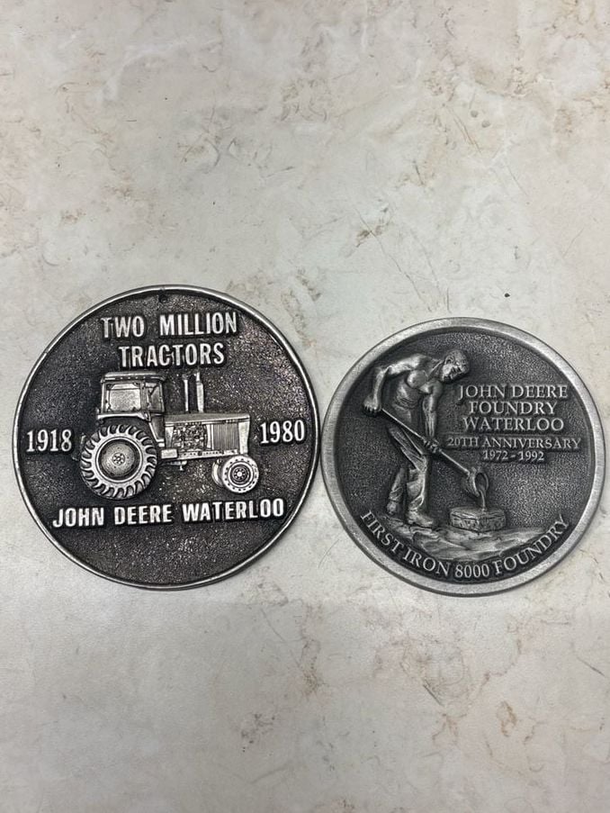 Set of 2 Vintage John Deere Waterloo Commemorative Medallions - Two Million Tractors & 20th Anniversary Foundry 1