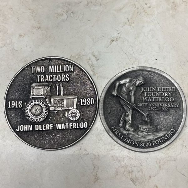 Set of 2 Vintage John Deere Waterloo Commemorative Medallions - Two Million Tractors & 20th Anniversary Foundry