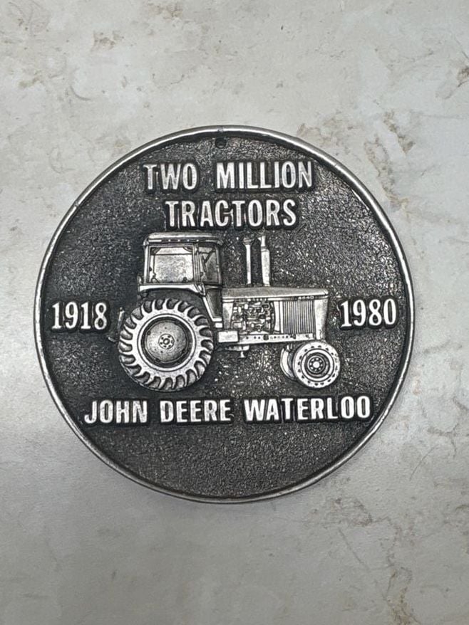 Set of 2 Vintage John Deere Waterloo Commemorative Medallions - Two Million Tractors & 20th Anniversary Foundry 2