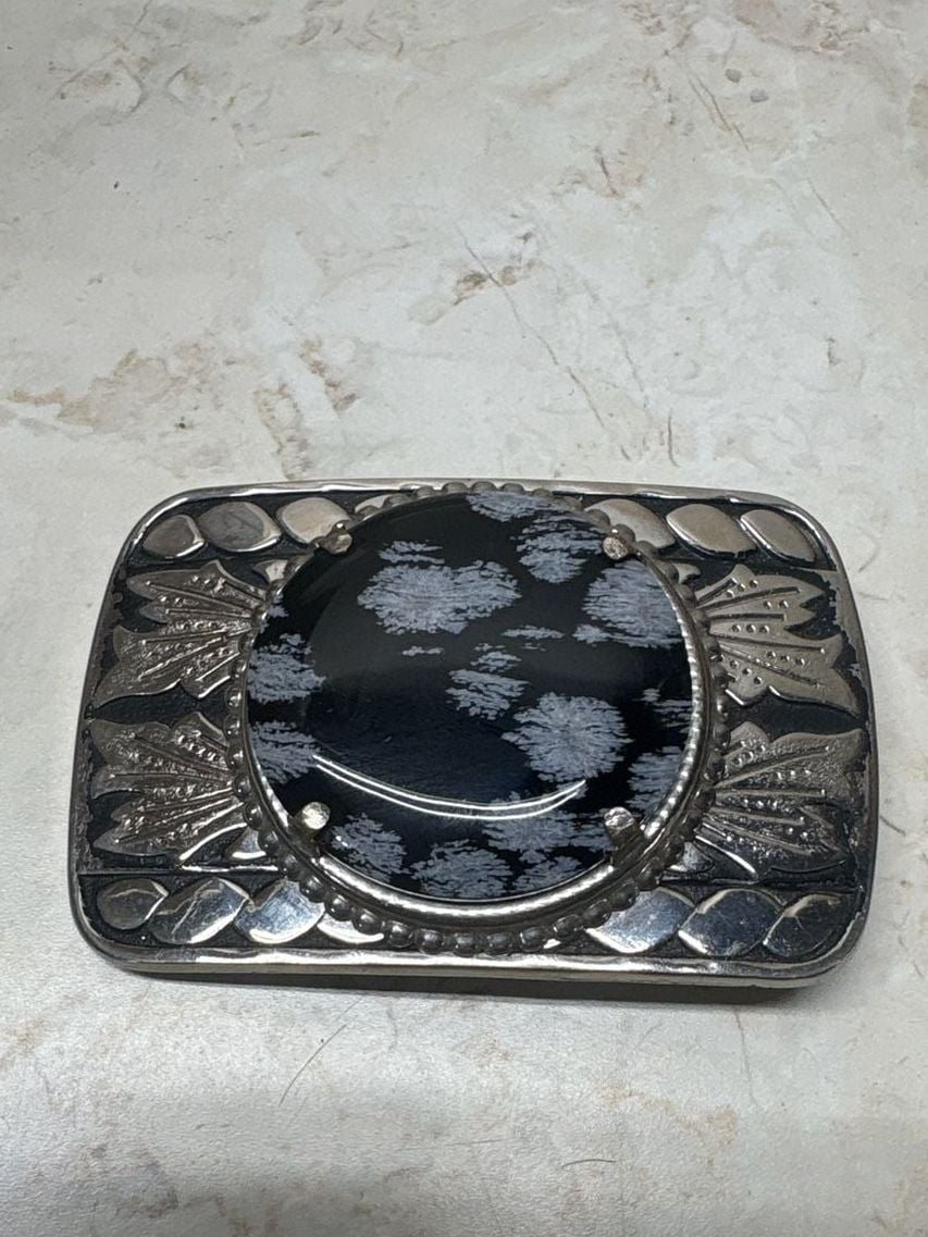 Vintage Western Snowflake Obsidian Silver Tone Belt Buckle 4