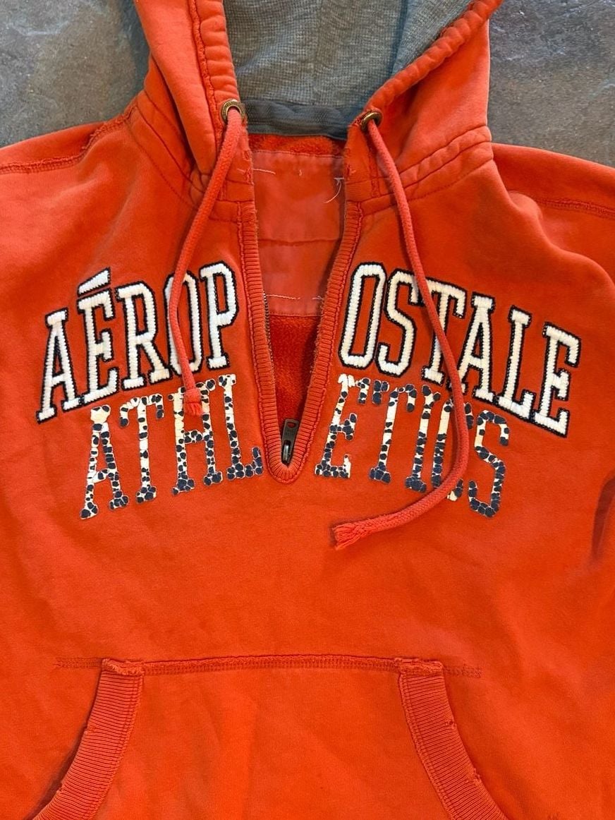 Vintage Aeropostale Athletics Distressed Quarter-Zip Orange Hoodie 3