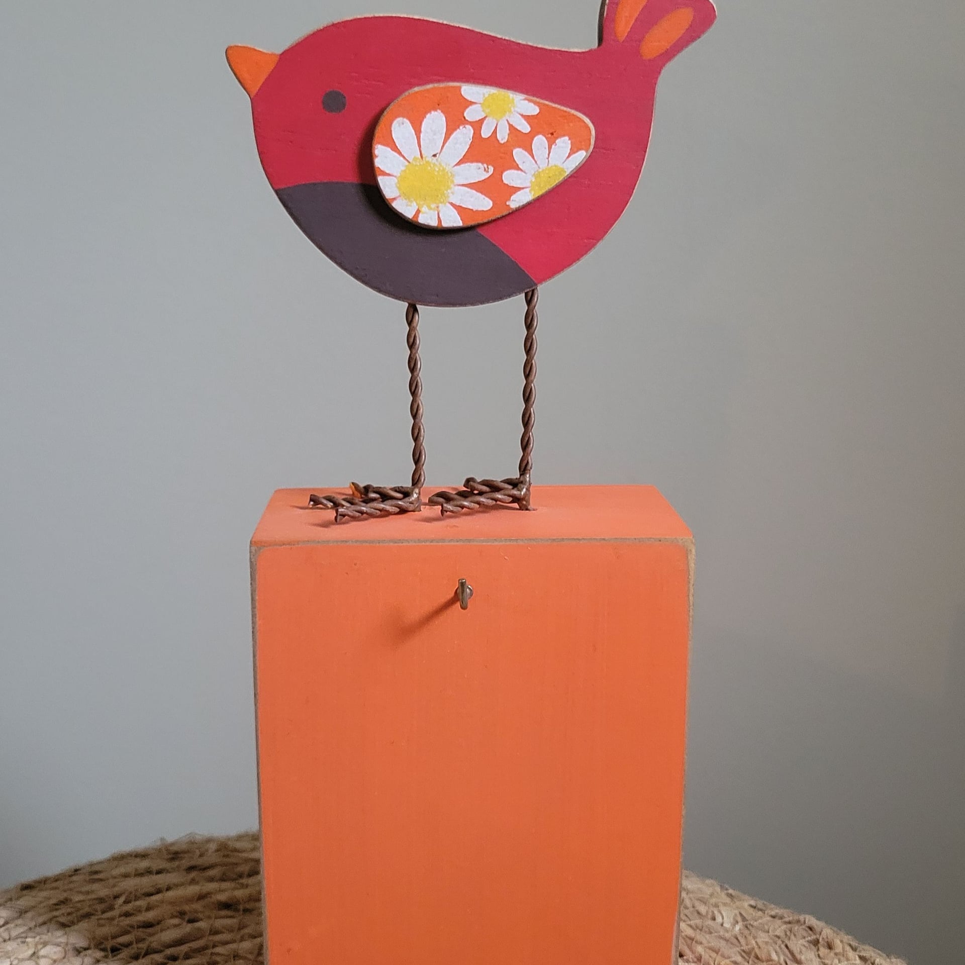 Silvestri Whimsical Wooden Bird Figurine on Orange Display Stand 1