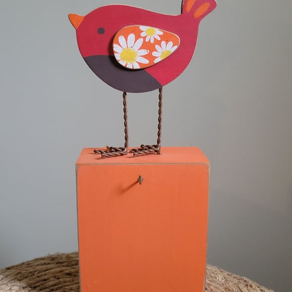 Silvestri Whimsical Wooden Bird Figurine on Orange Display Stand