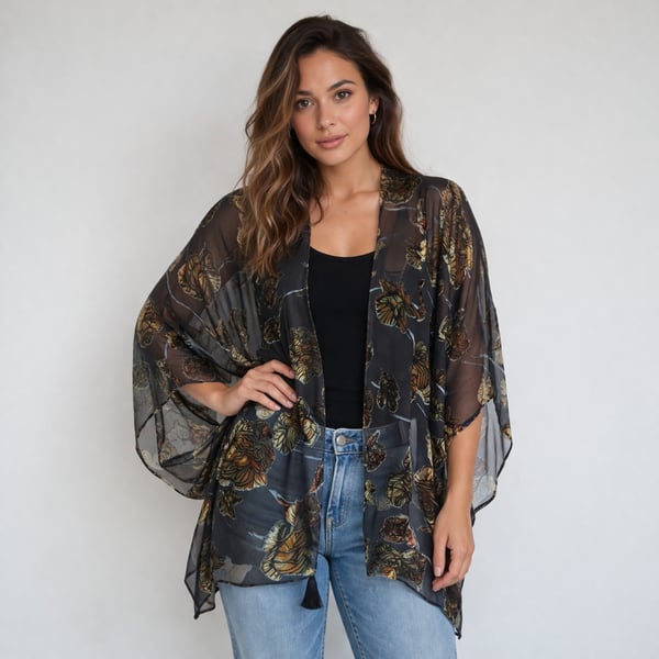 Japna Black Velvet Burnout Floral Sheer Kimono Cardigan with Tassels