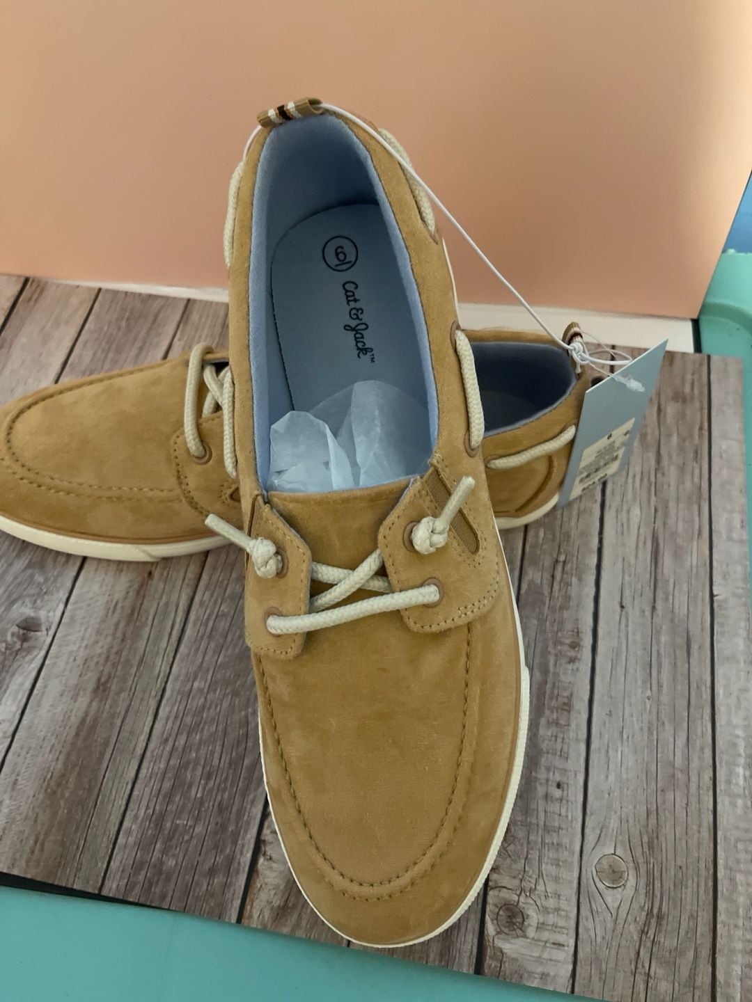 Cat & Jack Boys Reece Slip-On Boat Shoes Suede Beige Size 6 4