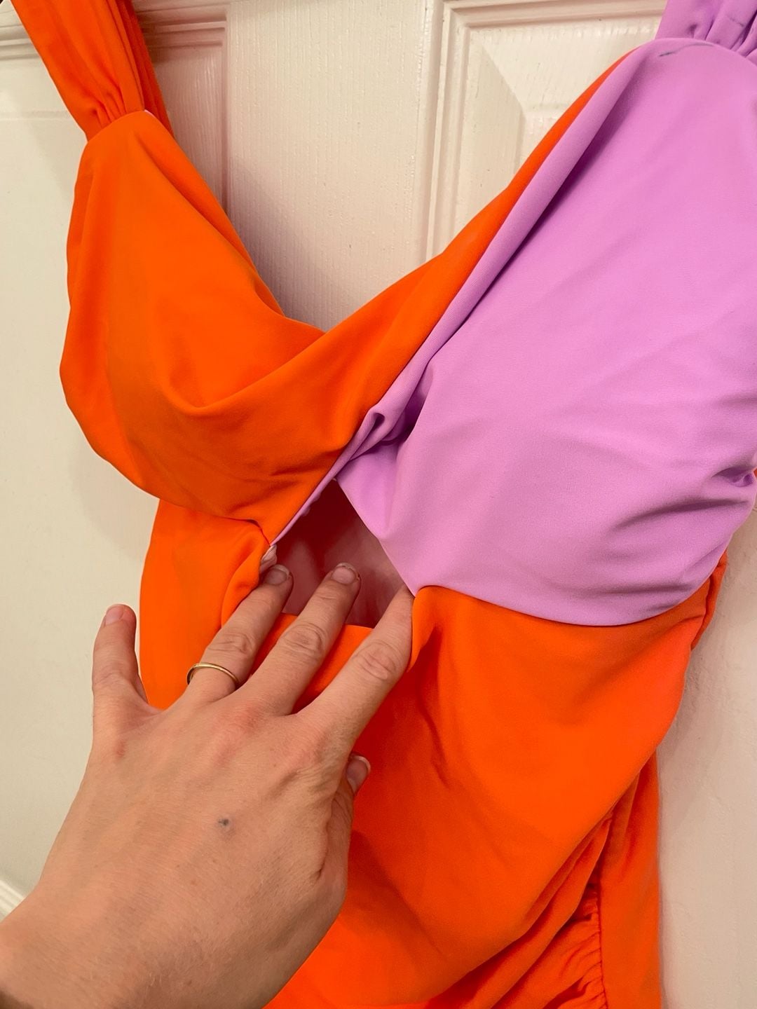 Color Block One-Piece Swimsuit, Pink & Orange, Medium (Pen on front) 8