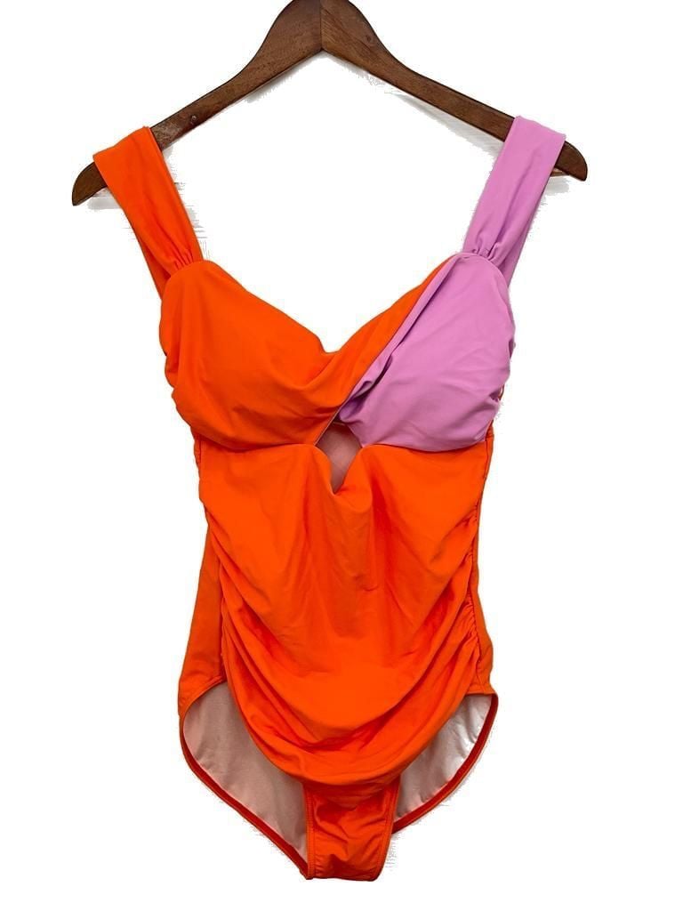 Color Block One-Piece Swimsuit, Pink & Orange, Medium (Pen on front) 2