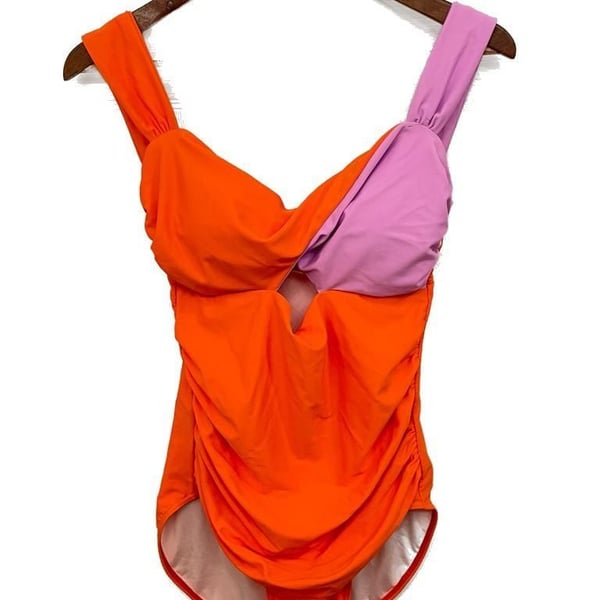 Color Block One-Piece Swimsuit, Pink & Orange,  Medium (Pen on front)
