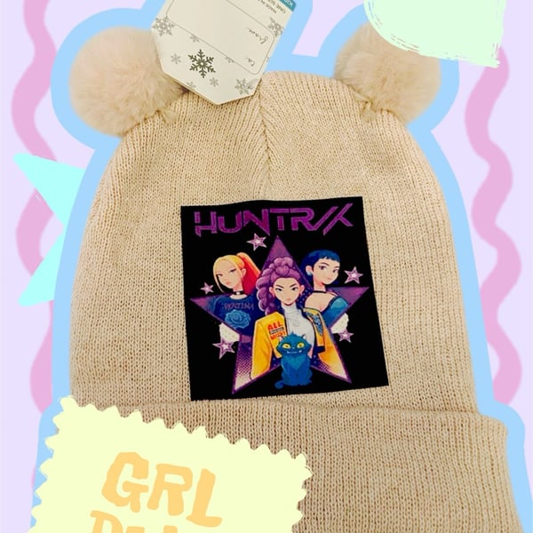 K-POP Demon Hunters HUNTRIX Graphic Double Pom-Pom Kids Winter Beanie Hat