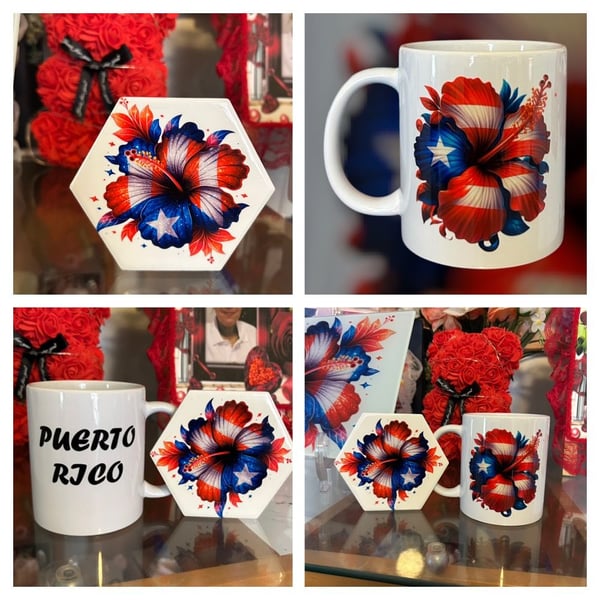 Puerto Rico Flag Hibiscus Flower 11oz Ceramic Mug and Matching Hexagon Coaster Set