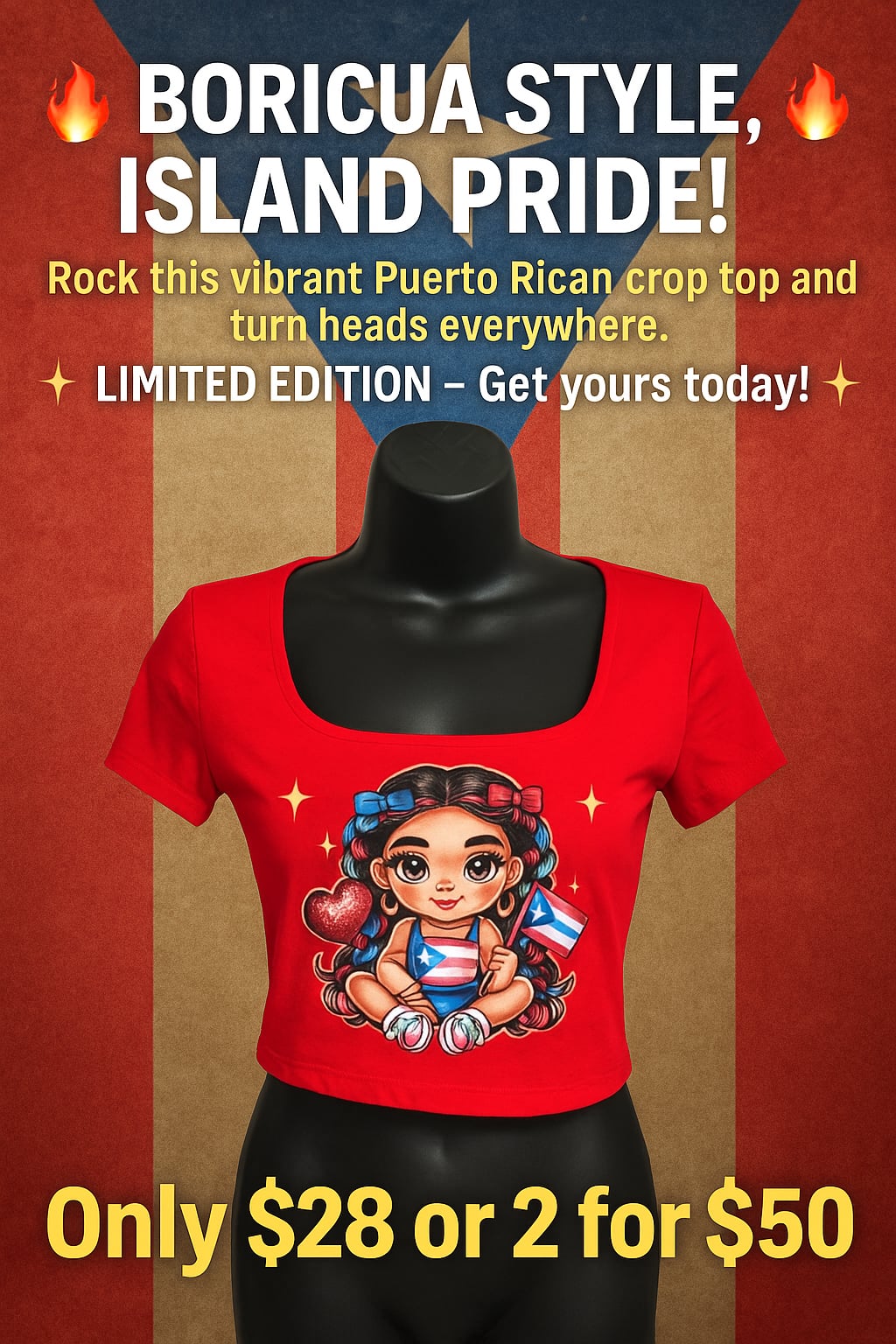 Boricua Style Island Pride Puerto Rican Flag Chibi Girl Crop Top 1