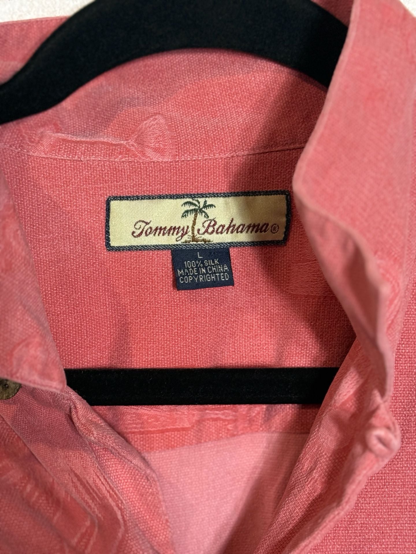 Tommy Bahama 100% Silk Short Sleeve Button Up Shirt Pink Hula Girl Print Size Large 5