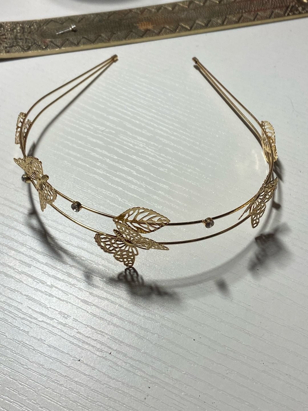 Scünci Gold Double Row Filigree Butterfly and Rhinestone Metal Headband 2