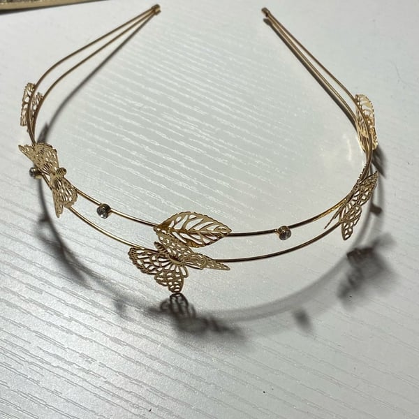Scünci Gold Double Row Filigree Butterfly and Rhinestone Metal Headband