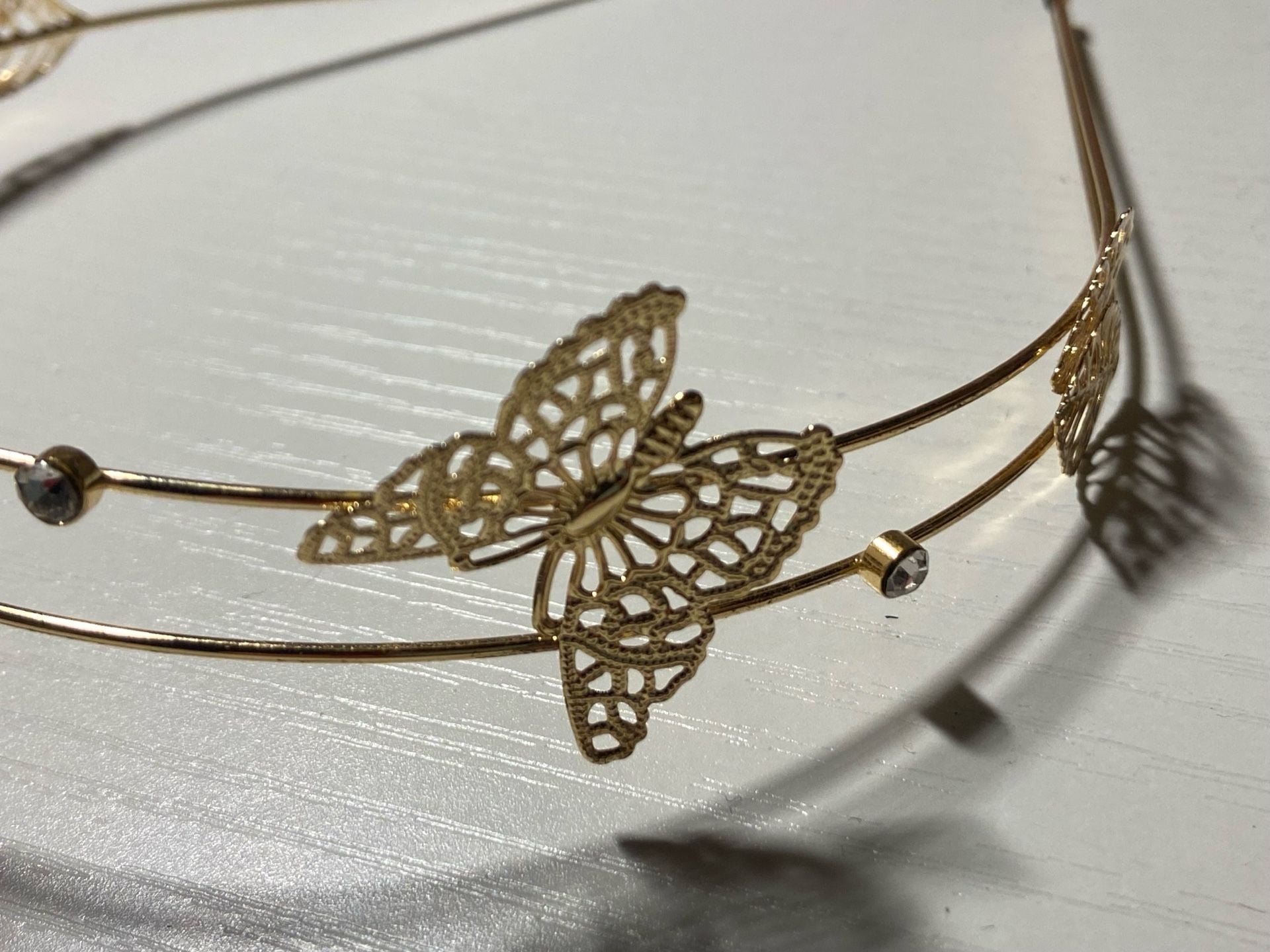 Scünci Gold Double Row Filigree Butterfly and Rhinestone Metal Headband 3