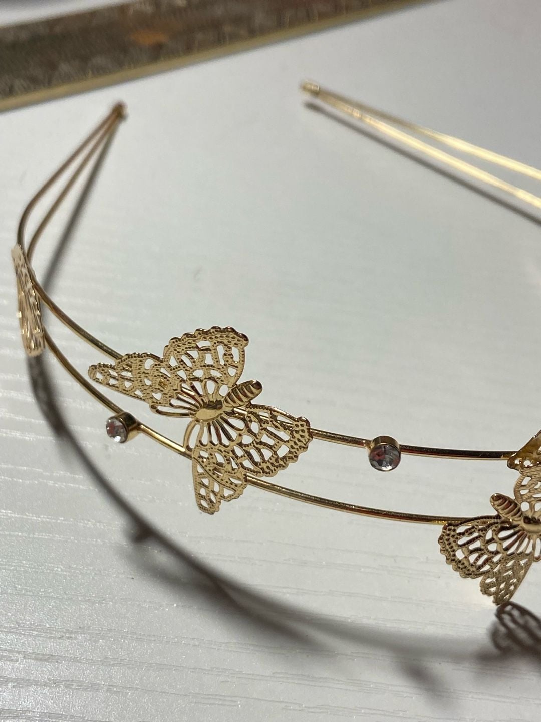 Scünci Gold Double Row Filigree Butterfly and Rhinestone Metal Headband 4