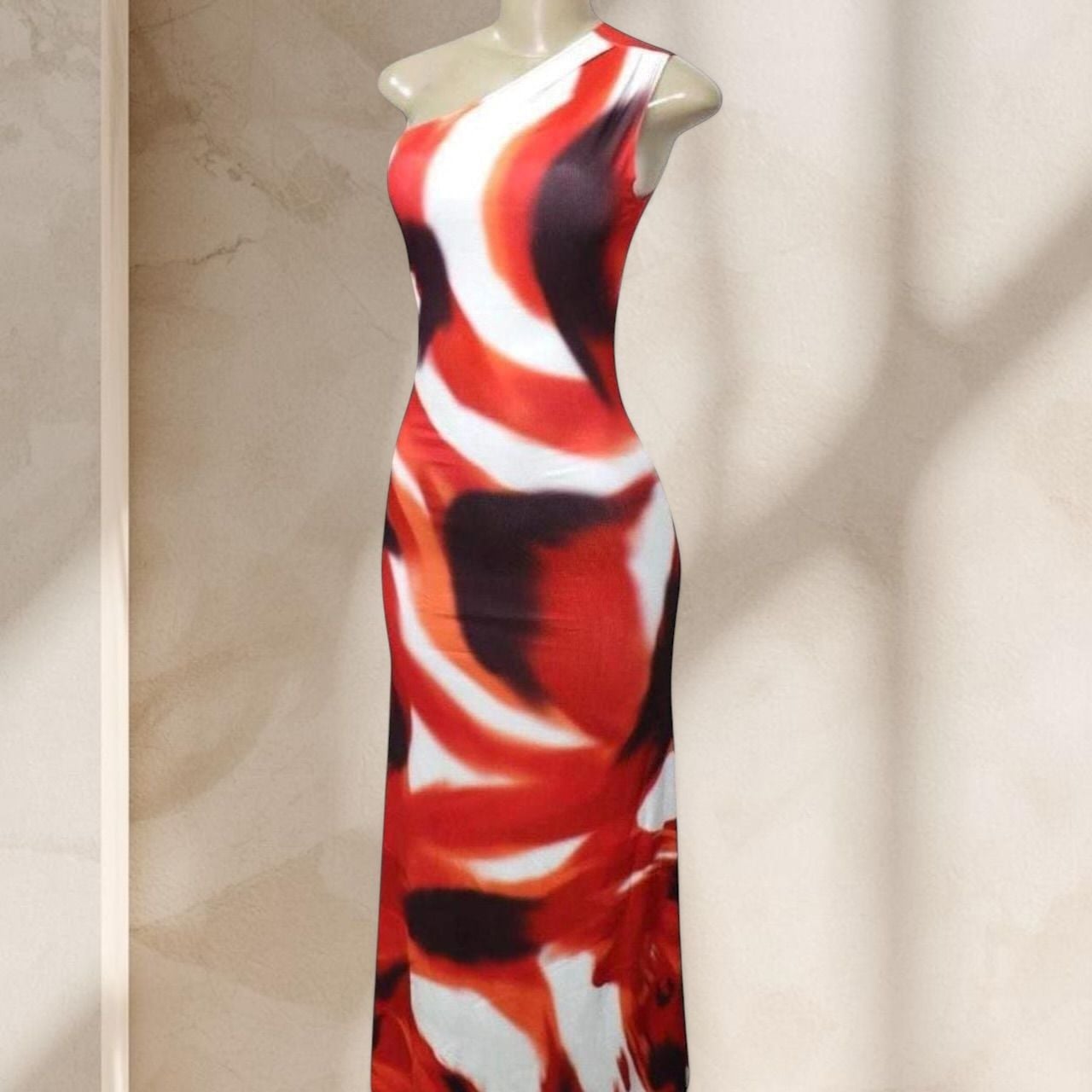 Red Abstract Print Maxi Dress – One Shoulder Bodycon Stretch Sexy Statement ✧ L 1