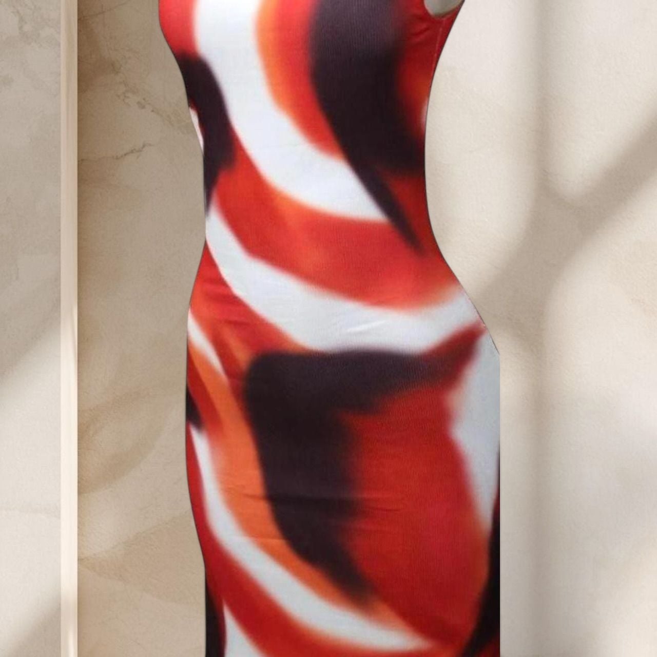 Red Abstract Print Maxi Dress – One Shoulder Bodycon Stretch Sexy Statement ✧ L 2