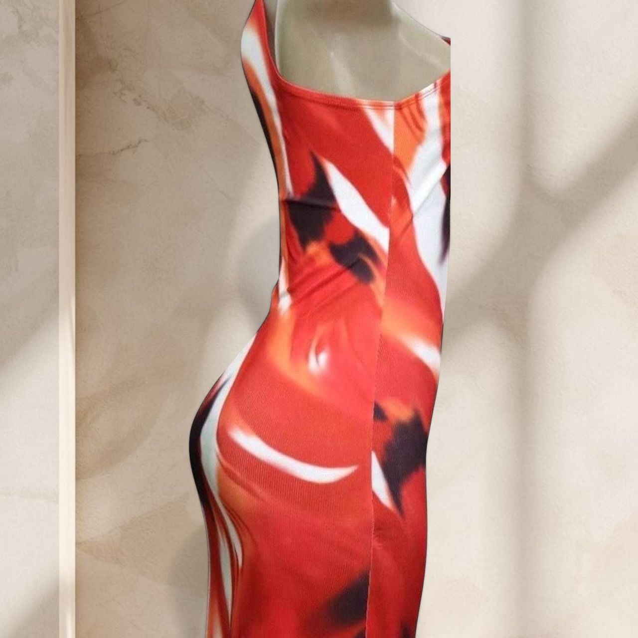 Red Abstract Print Maxi Dress – One Shoulder Bodycon Stretch Sexy Statement ✧ L 3