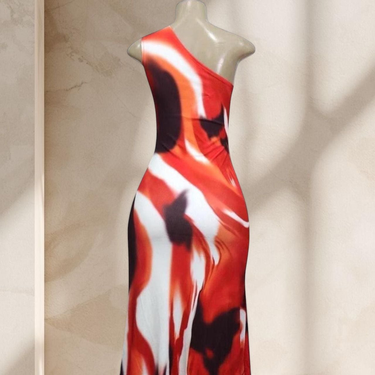 Red Abstract Print Maxi Dress – One Shoulder Bodycon Stretch Sexy Statement ✧ L 4
