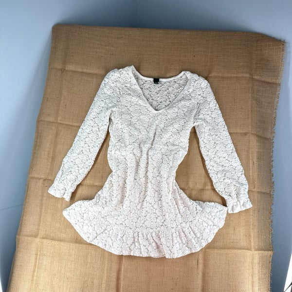 Wild Fable Women's Cream Long Sleeve Brushed Floral Lace Skater Dress