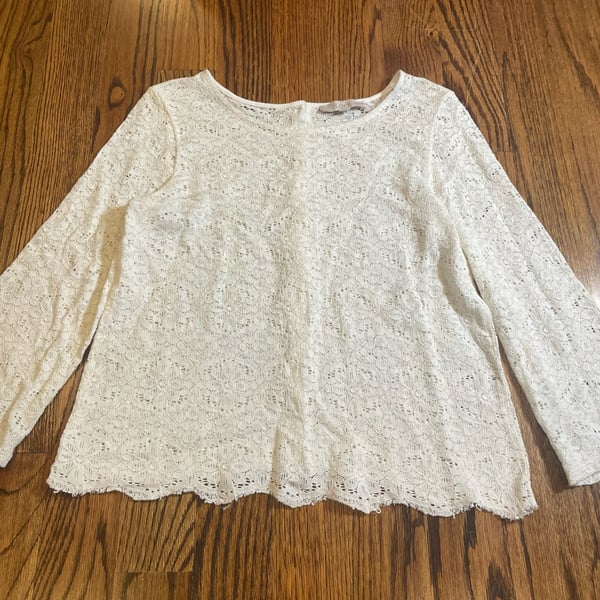 LOFT Ivory Floral Lace Long Sleeve Button Back Top Blouse
