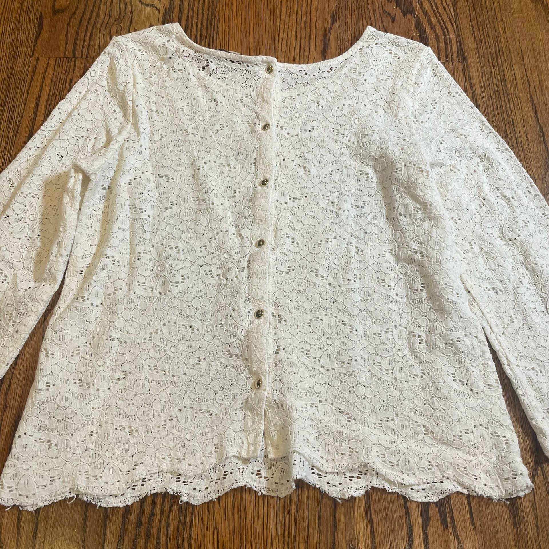 LOFT Ivory Floral Lace Long Sleeve Button Back Top Blouse 10