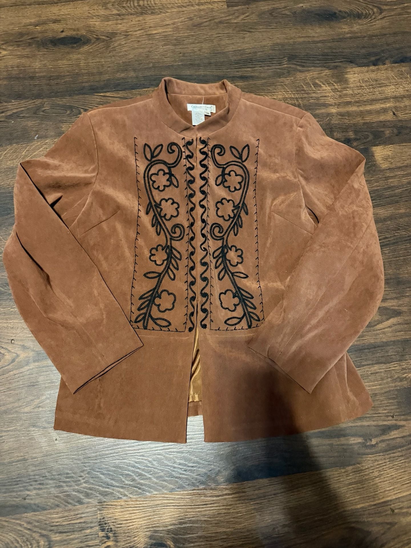 Coldwater Creek Brown Faux Suede Embroidered Floral Blazer Jacket Size 16 2