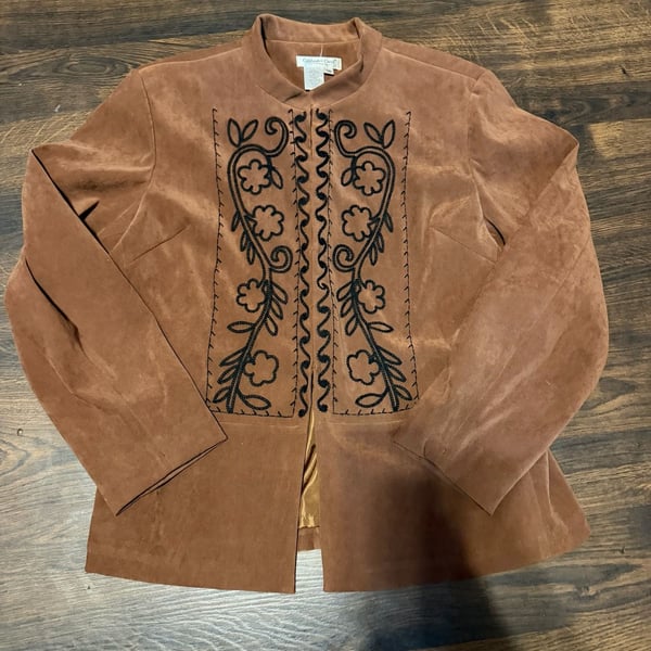Coldwater Creek Brown Faux Suede Embroidered Floral Blazer Jacket Size 16