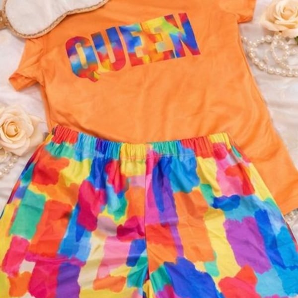 Orange Queen Graphic T-Shirt and Rainbow Abstract Shorts Pajama Set
