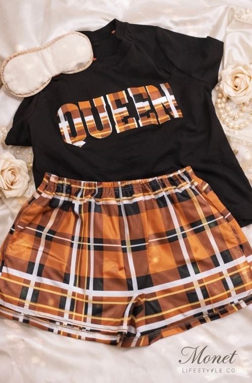 Queen Graphic Tee and Plaid Pajama Shorts Set 1