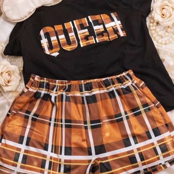 Queen Graphic Tee and Plaid Pajama Shorts Set