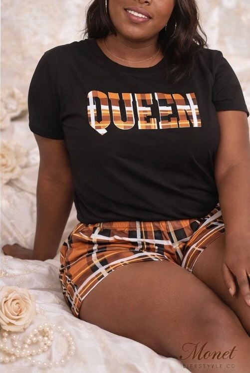 Queen Graphic Tee and Plaid Pajama Shorts Set 3