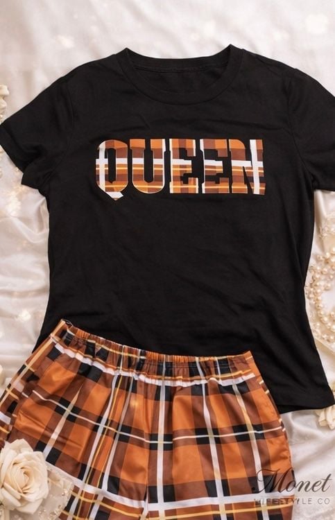 Queen Graphic Tee and Plaid Pajama Shorts Set 4