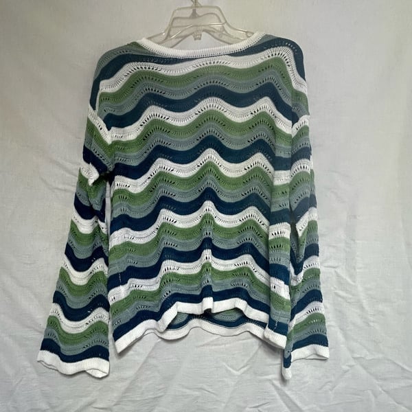 SHEIN LUNE Green and Blue Wavy Stripe Crochet Knit Sweater