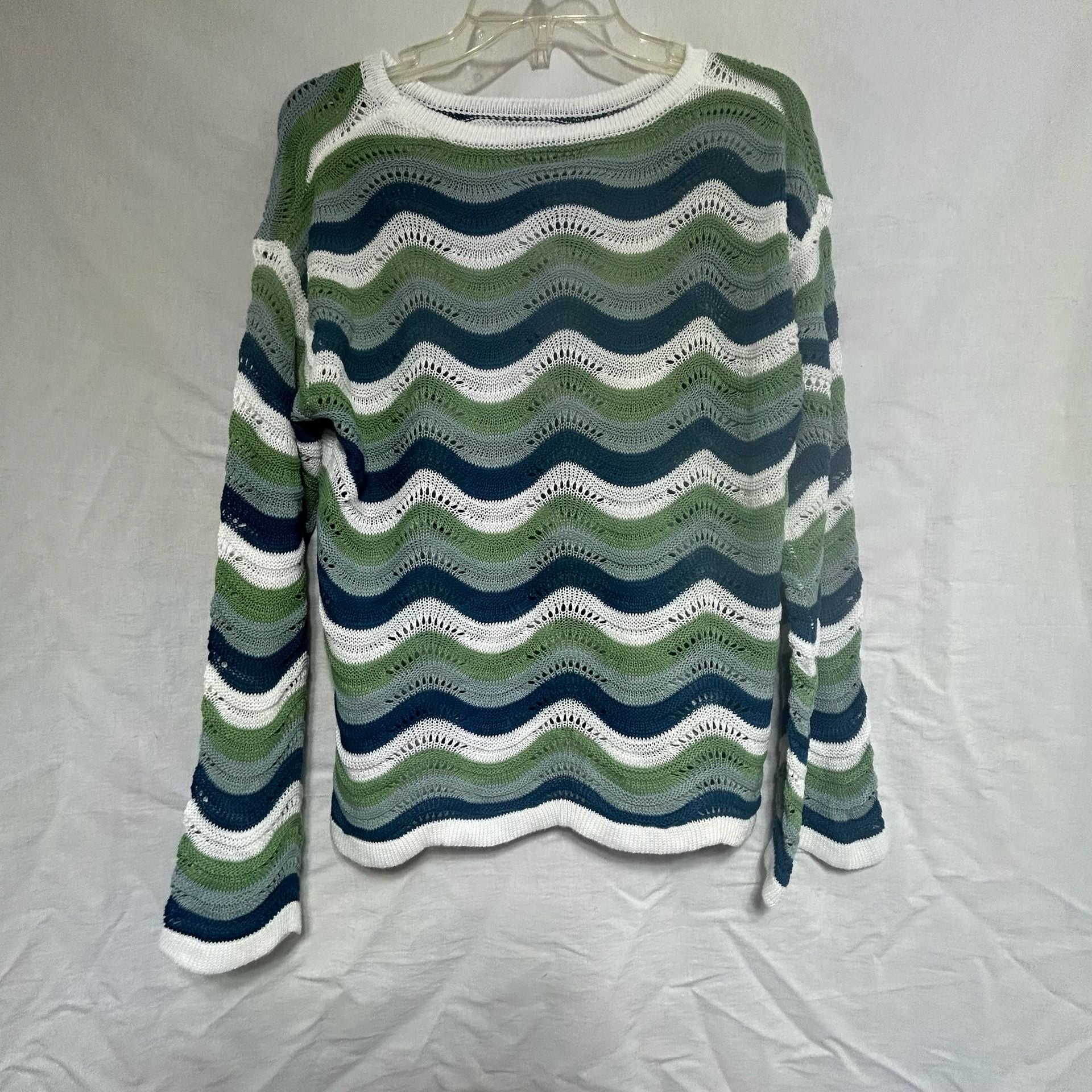 SHEIN LUNE Green and Blue Wavy Stripe Crochet Knit Sweater 3